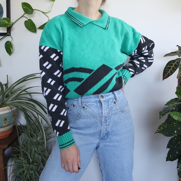 Teal and Black Patterned Collared Sweater - Picture 5 of 9